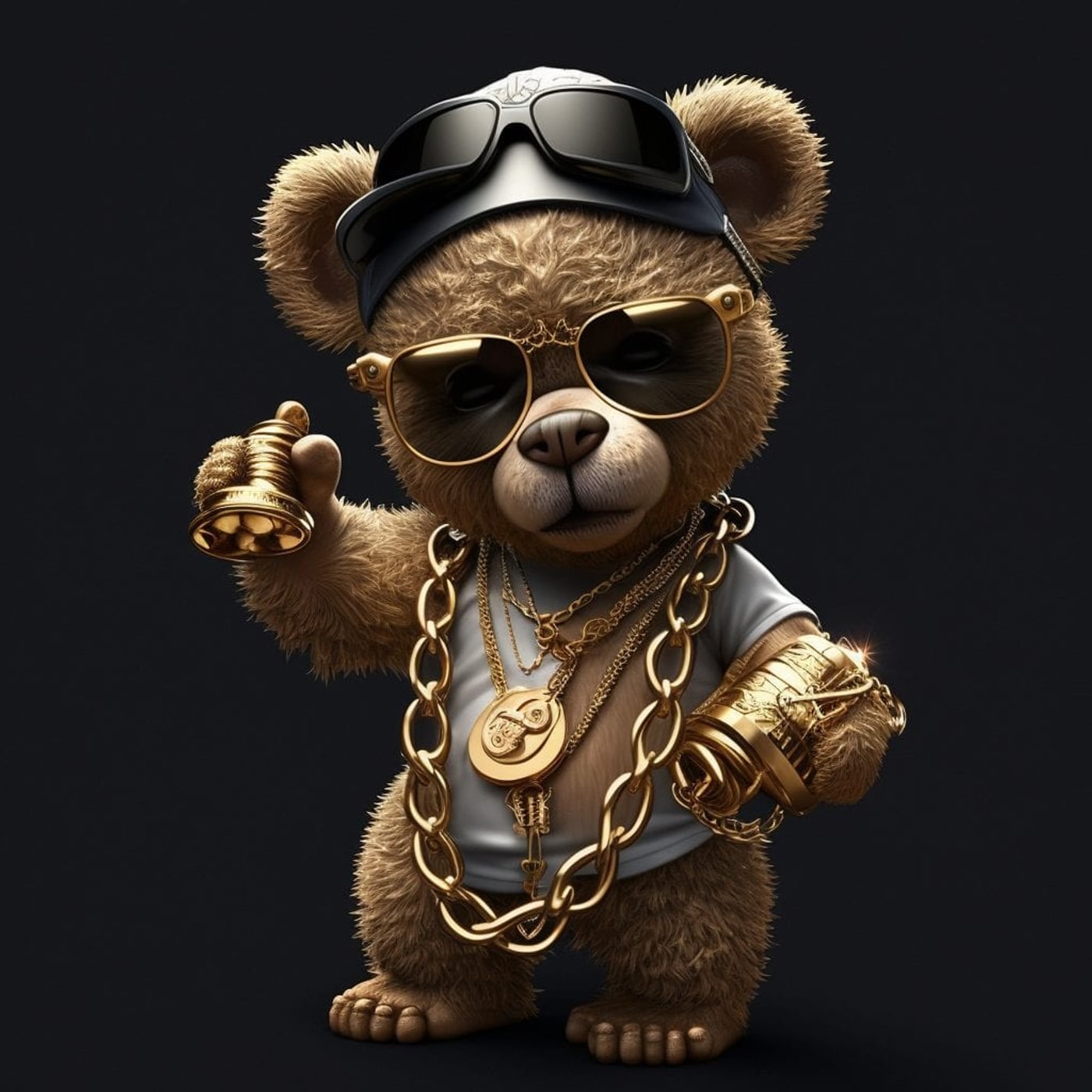 Teddy Finger — osito rapero con cadenas de oro y el dedo arriba